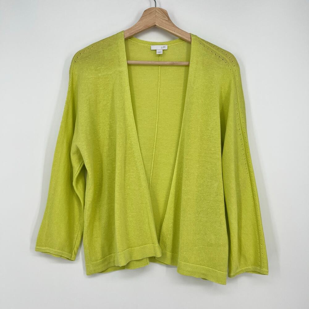 J. Jill Linen Blend Open Cardigan Womens Large Green Cropped Bright Knit Topper